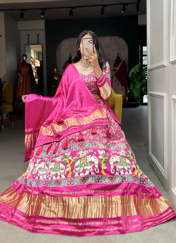 Pure Gaji Silk Patola Printed Pink Color Lehenga Choli Set